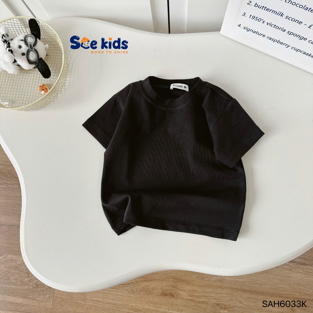 Áo cotton cộc tay trơn màu unisex cho bé, áo thun cổ tròn cotton mềm co dãn basic 2 màu trắng đen