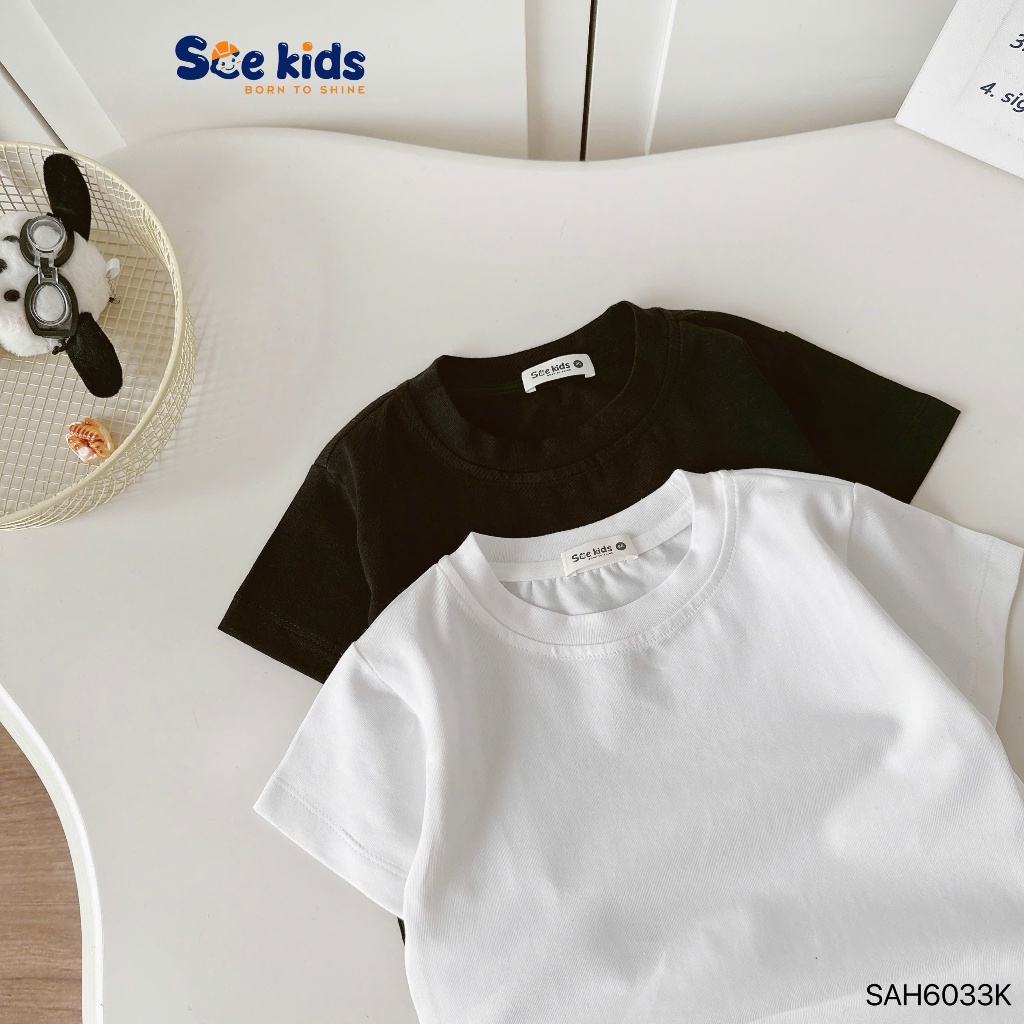 Áo cotton cộc tay trơn màu unisex cho bé, áo thun cổ tròn cotton mềm co dãn basic 2 màu trắng đen