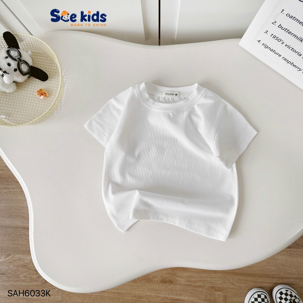 Áo cotton cộc tay trơn màu unisex cho bé, áo thun cổ tròn cotton mềm co dãn basic 2 màu trắng đen