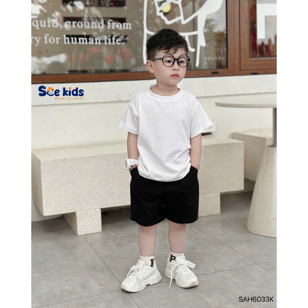 Áo cotton cộc tay trơn màu unisex cho bé, áo thun cổ tròn cotton mềm co dãn basic 2 màu trắng đen