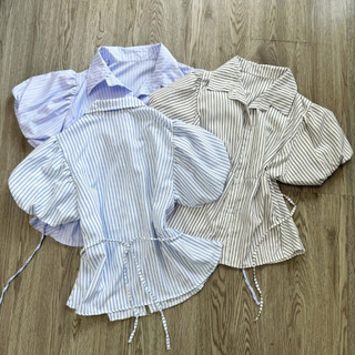 Set Đồ Bigsize Nữ Áo Sơ Mi Tay Phồng Có Dây Buộc Eo Kèm Chân Váy Bí Dễ Thương Cho Chubby