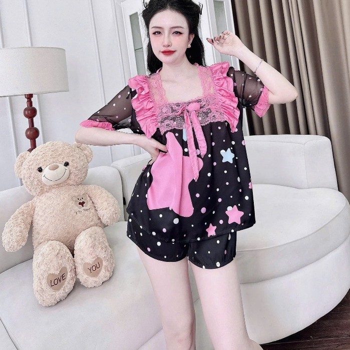đồ ngủ dễ thương lụa lạnh cao cấp, đồ bộ mặc nhà, set đùi lụa tiểu thư bèo nhún cổ ren nơ xinh [330]
