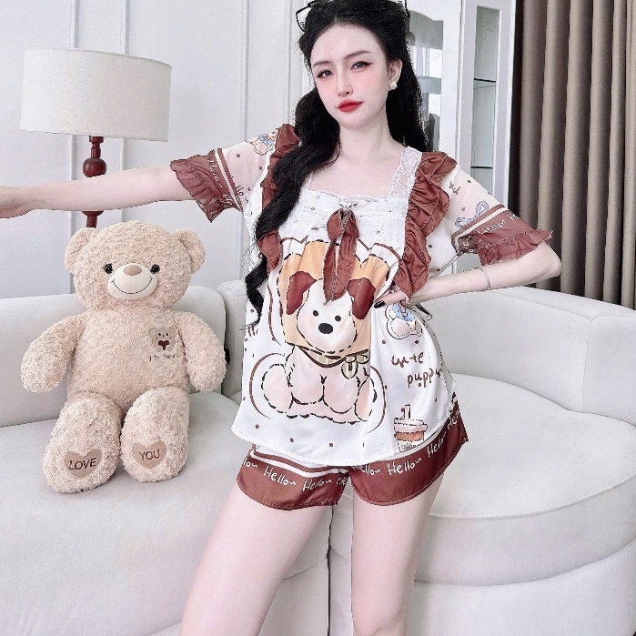đồ ngủ dễ thương lụa lạnh cao cấp, đồ bộ mặc nhà, set đùi lụa tiểu thư bèo nhún cổ ren nơ xinh [330]