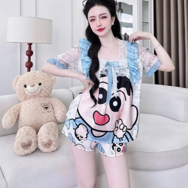 đồ ngủ dễ thương lụa lạnh cao cấp, đồ bộ mặc nhà, set đùi lụa tiểu thư bèo nhún cổ ren nơ xinh [330]