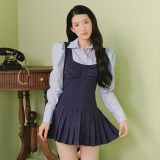 Áo sơ mi OLV tay phồng thanh lịch Blue Cotton Buttoned Shirt phù hợp mọi dịp (Không kèm đầm)
