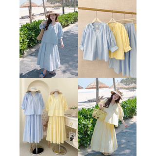 SEP House - Set kate vàng xanh áo tay lửng dáng babydoll bồng kèm chân váy midi dáng dài thanh lịch, nhẹ nhàng - Hàng l1