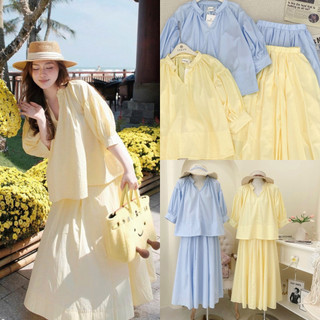SEP House - Set kate vàng xanh áo tay lửng dáng babydoll bồng kèm chân váy midi dáng dài thanh lịch, nhẹ nhàng - Hàng l1