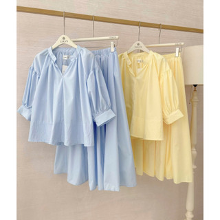 SEP House - Set kate vàng xanh áo tay lửng dáng babydoll bồng kèm chân váy midi dáng dài thanh lịch, nhẹ nhàng - Hàng l1