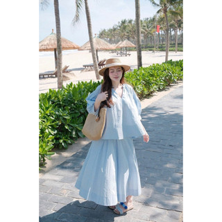 SEP House - Set kate vàng xanh áo tay lửng dáng babydoll bồng kèm chân váy midi dáng dài thanh lịch, nhẹ nhàng - Hàng l1