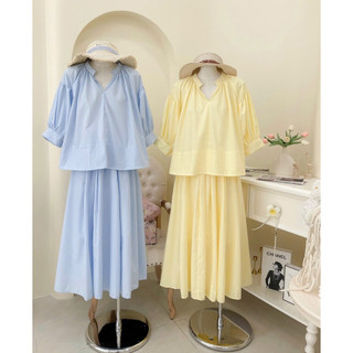 SEP House - Set kate vàng xanh áo tay lửng dáng babydoll bồng kèm chân váy midi dáng dài thanh lịch, nhẹ nhàng - Hàng l1