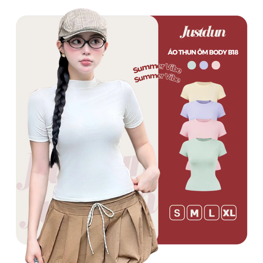 Áo Thun Nữ Ôm Body JUSTDUN B18 Cổ Tròn Tay Ngắn, Cotton Mịn Co Giãn 4 Chiều, Mềm Mại Thoáng Khí