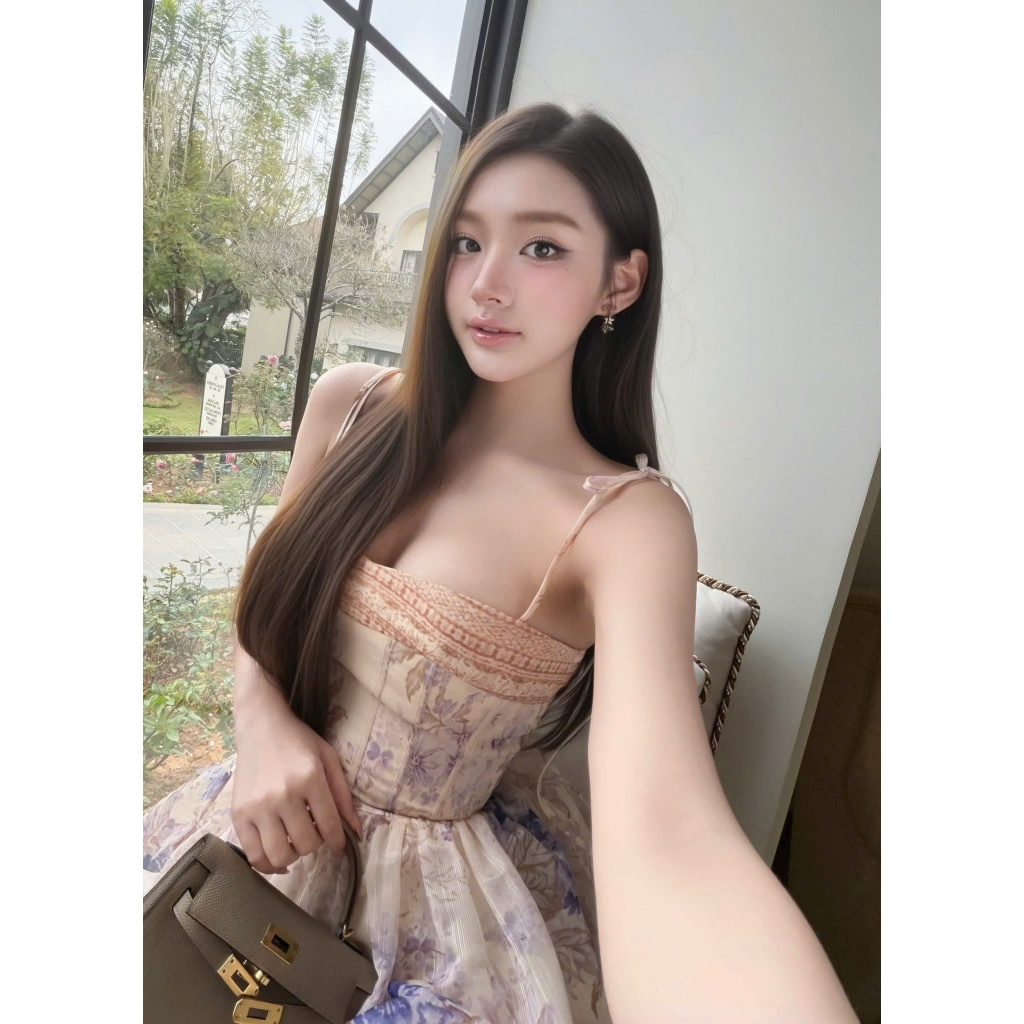 ZIMM STORE-Đầm thiết kế hai dây thắt nơ họa tiết hoa lá vintage màu be phối tím sang chảnh