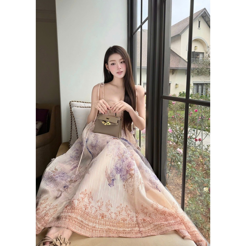 ZIMM STORE-Đầm thiết kế hai dây thắt nơ họa tiết hoa lá vintage màu be phối tím sang chảnh