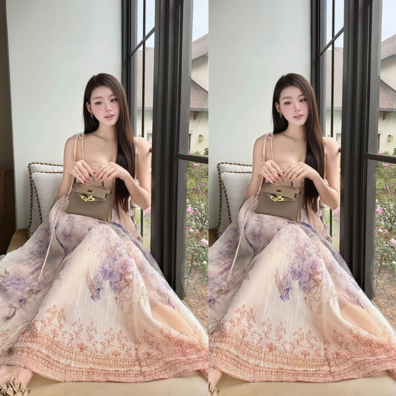 ZIMM STORE-Đầm thiết kế hai dây thắt nơ họa tiết hoa lá vintage màu be phối tím sang chảnh