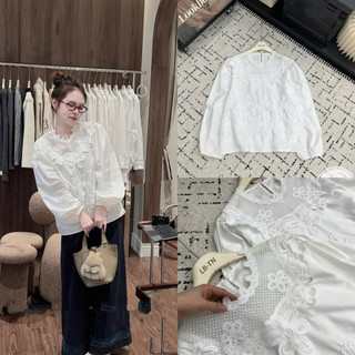 Áo sơ mi thô cổ tròn dài tay pha ren hoa nổi #3038-2620