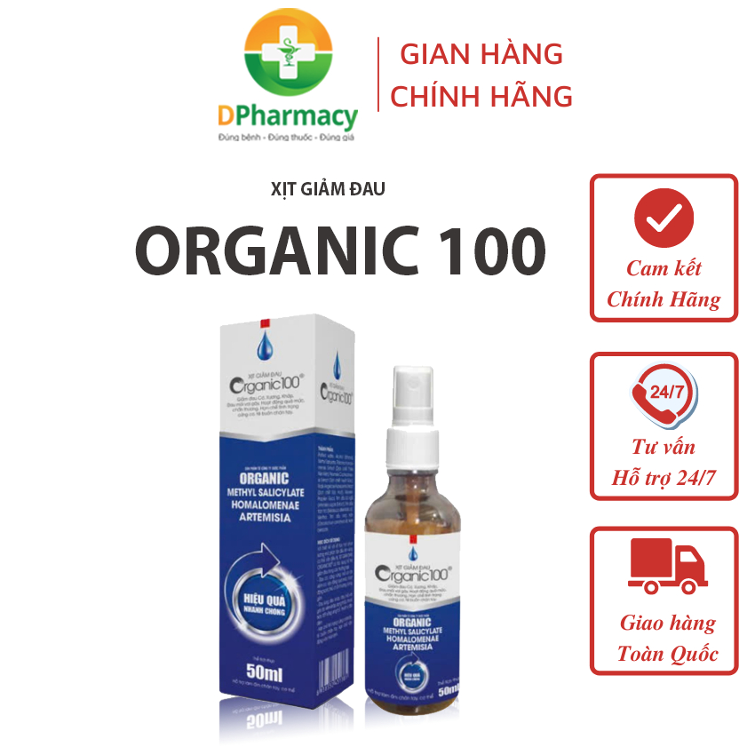 Xịt Giảm Đau ORGANIC 100, Hỗ Trợ Giảm Đau Cơ, Căng Cứng Cơ, Đau Lưng, Đau Khớp, Tê Bì Tay Chân, 50ml