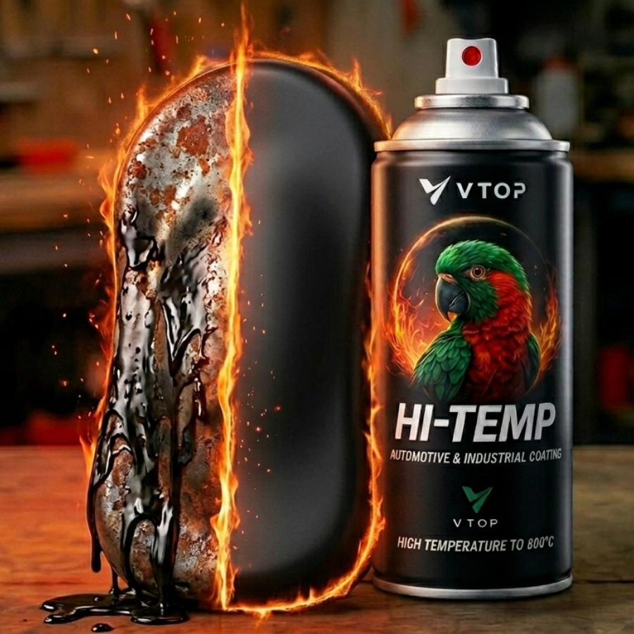 Chai sơn pô chống cháy, sơn xịt chịu nhiệt độ cao Hi-Temp VTOP, Sơn chịu nhiệt màu đen, sơn chịu nhiệt màu bạc