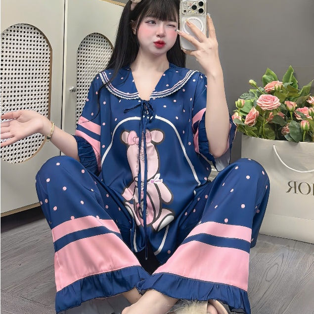Đồ ngủ lụa lạnh cao cấp,đồ bộ nữ đồ mặc nhà,đồ ngủ dễ thương tiểu thư,pijama mát họa tiết cute [19]