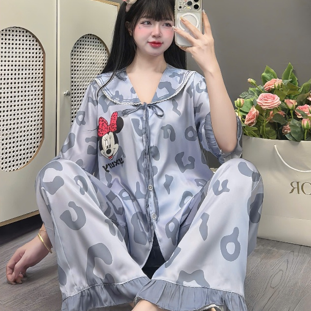 Đồ ngủ lụa lạnh cao cấp,đồ bộ nữ đồ mặc nhà,đồ ngủ dễ thương tiểu thư,pijama mát họa tiết cute [19]