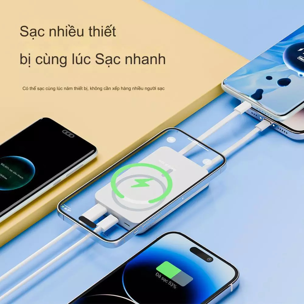 Sạc dự phòng không dây 10000mAh từ tính mini nhỏ gọn - Có sẵn 2 dây sạc - Hít Nam Châm Siêu Chắc