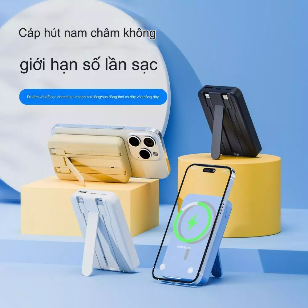 Sạc dự phòng không dây 10000mAh từ tính mini nhỏ gọn - Có sẵn 2 dây sạc - Hít Nam Châm Siêu Chắc