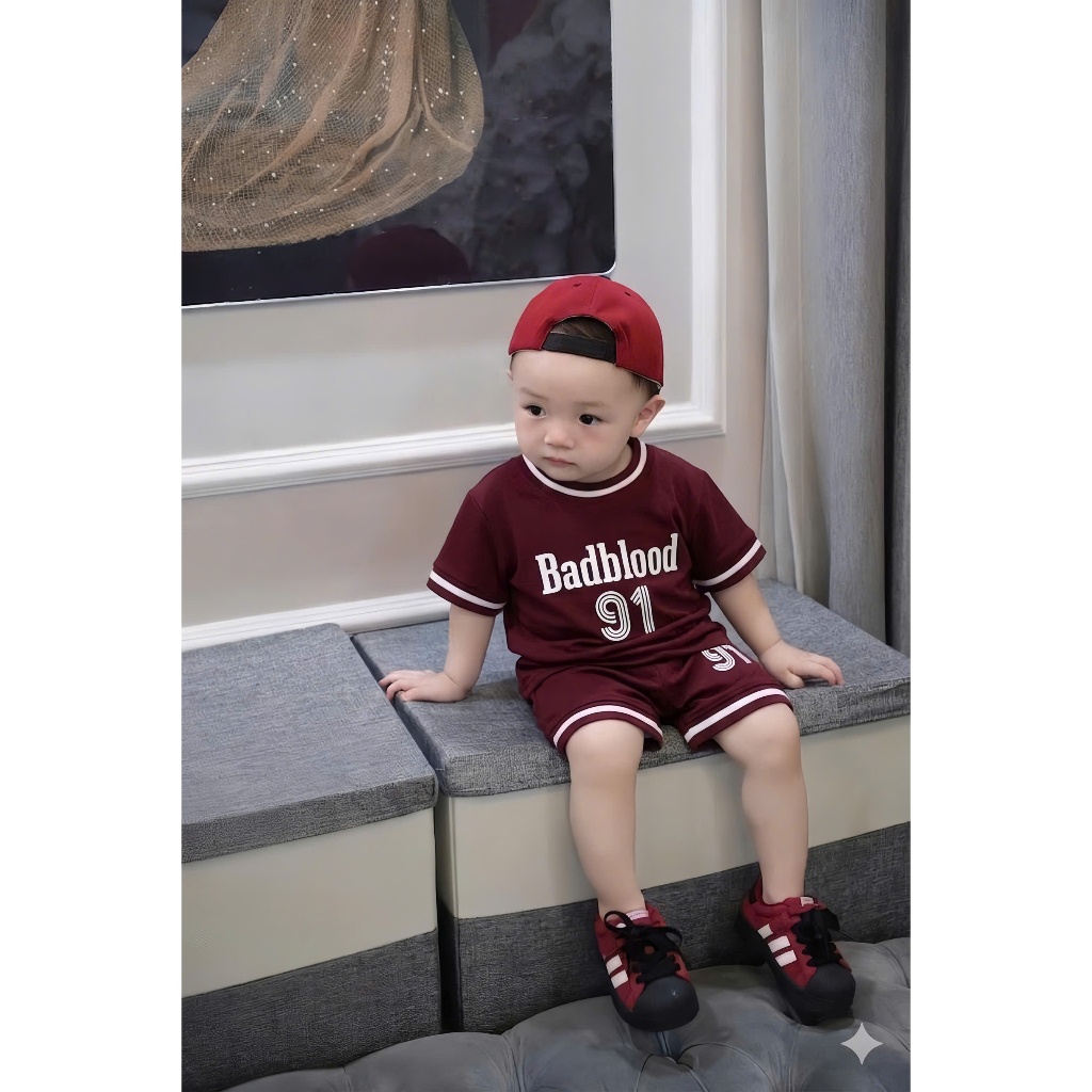 Set Bộ Bé Trai BADBLOOD Đỏ Đô,Bộ Quần Áo Trẻ Em Cotton Mát Mịn 7-15kg,Đồ Bé Trai Thể Thao Mùa Hè A18