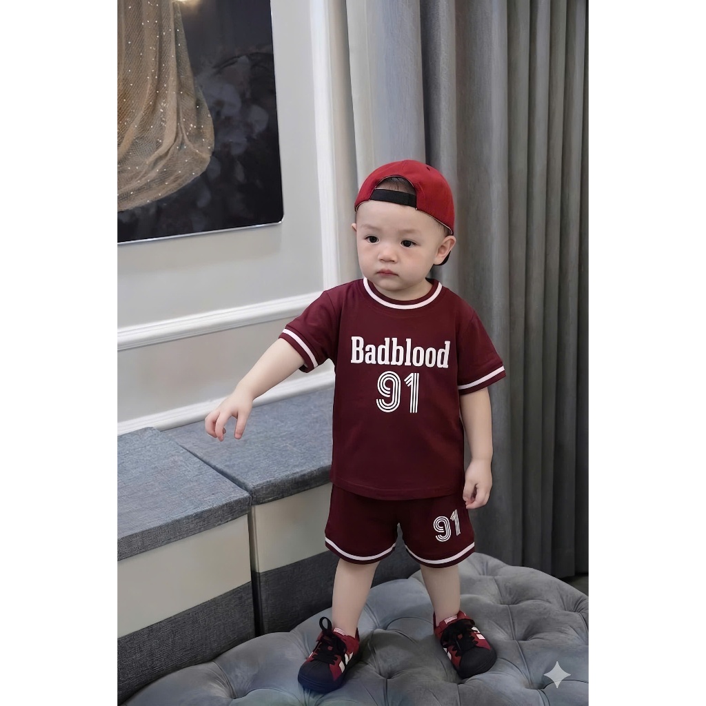 Set Bộ Bé Trai BADBLOOD Đỏ Đô,Bộ Quần Áo Trẻ Em Cotton Mát Mịn 7-15kg,Đồ Bé Trai Thể Thao Mùa Hè A18
