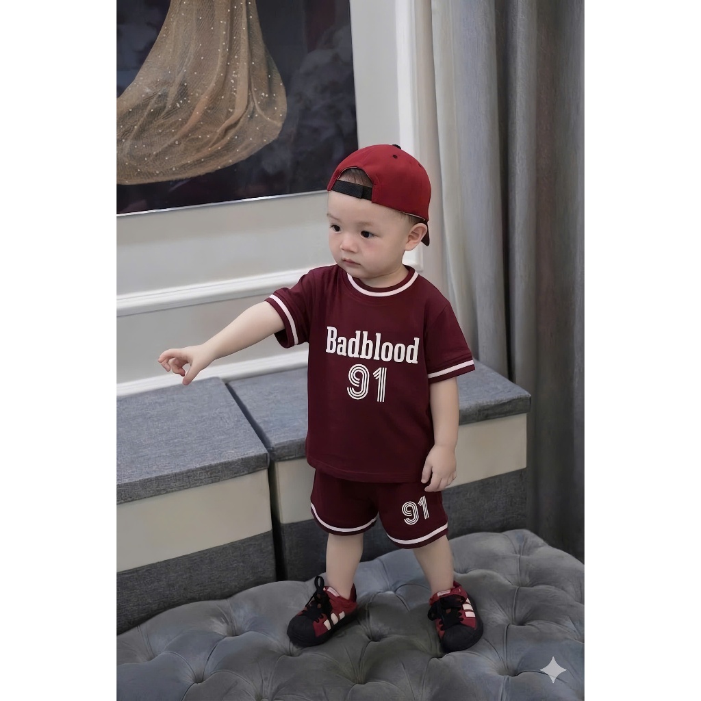 Set Bộ Bé Trai BADBLOOD Đỏ Đô,Bộ Quần Áo Trẻ Em Cotton Mát Mịn 7-15kg,Đồ Bé Trai Thể Thao Mùa Hè A18