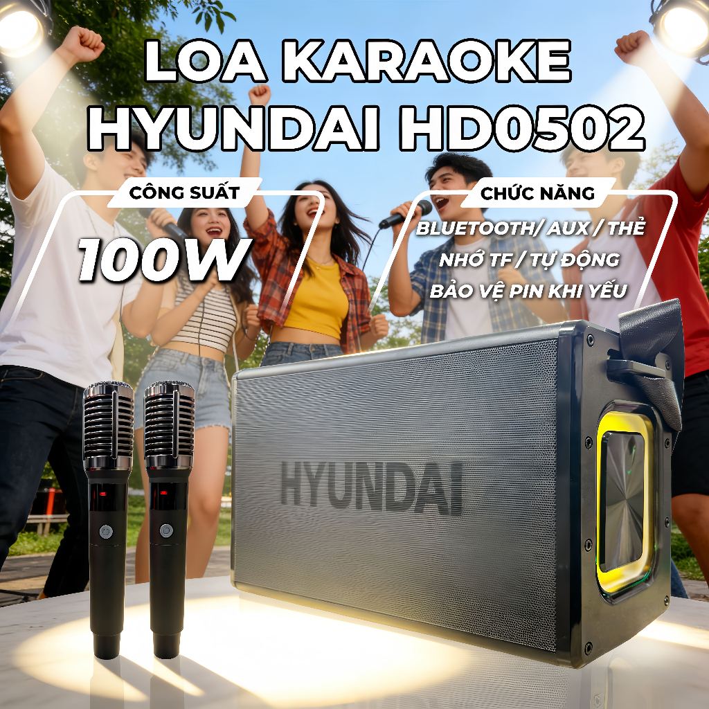 (Bestseller) Loa HYUNDAI Karaoke Xách Tay HD0502, Công Suất 100W Đèn Led RGB ,2 Micro
