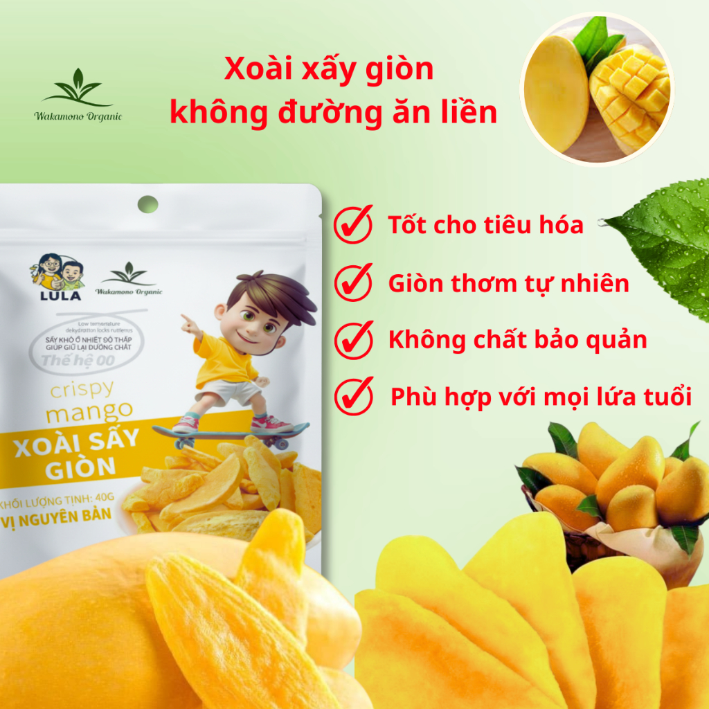 Xoài sấy giòn Wakamono Organic (40gam/gói) công nghệ sấy thăng hoa, sấy từ hoa xoài tươi