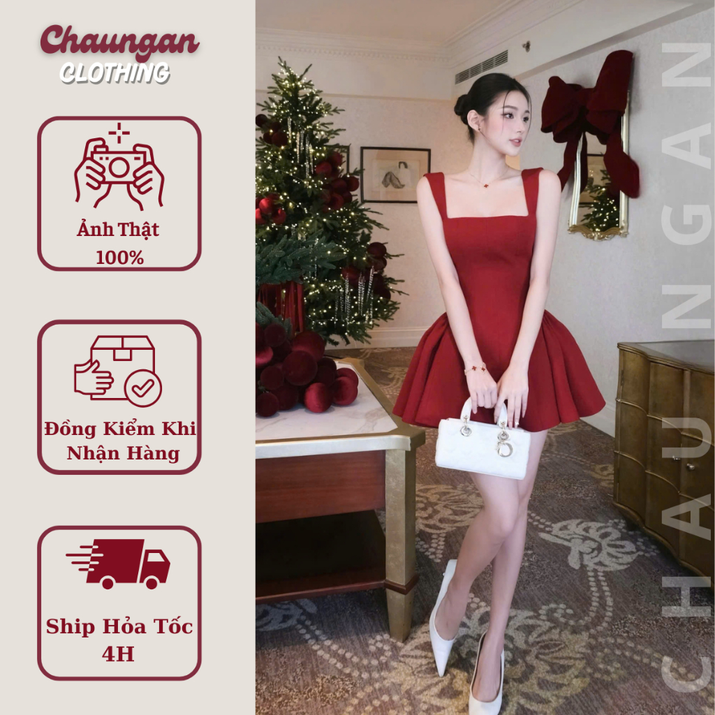 Đầm Xòe Cổ Vuông Phối Nhún Phồng Dáng Ngắn Chuẩn CHOUCHOU Sang Trọng Thanh Lịch
