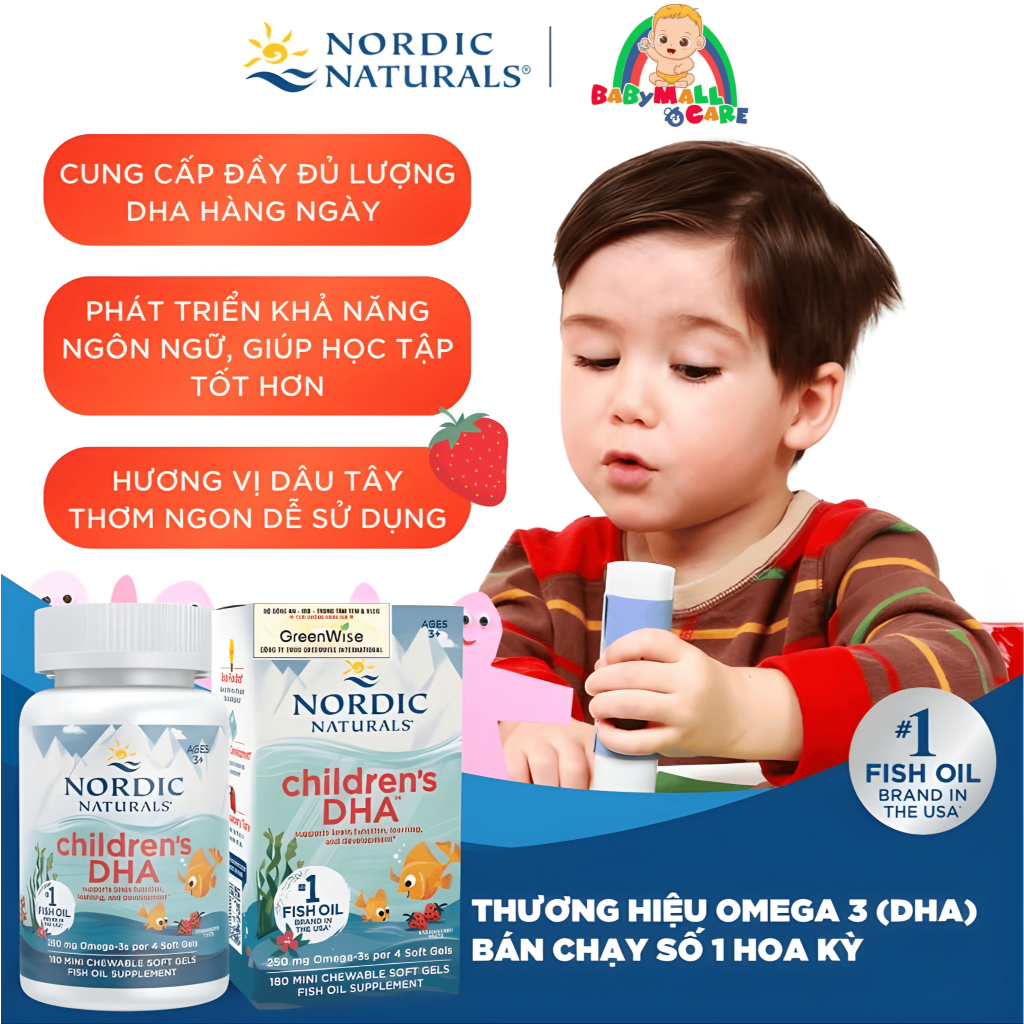 Viên Nhai Nordic Naturals Children's DHA Vị Dâu Bổ Sung Omega 3 Cho Trẻ 3+  Hộp 180 Viên | Babymall & Care