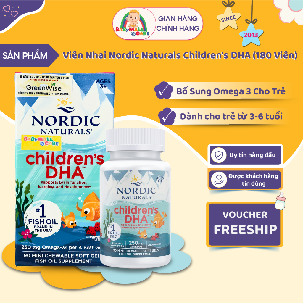 Viên Nhai Nordic Naturals Children's DHA Vị Dâu Bổ Sung Omega 3 Cho Trẻ 3+  Hộp 180 Viên | Babymall & Care