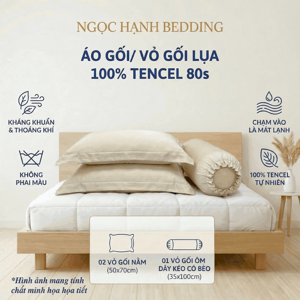 [Ngọc Hạnh Bedding] - Áo gối/Vỏ gối LỤA TENCEL 80s CAO CẤP mềm mịn, mát lạnh màu trơn