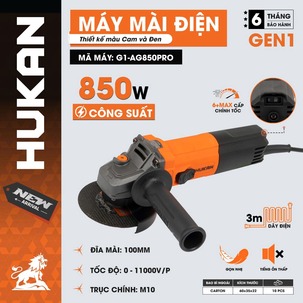 Máy Mài Điện Công Tắc Cạnh HUKAN G1-AG850PRO|Cắt Sắt Đá Inox  |Trục M10 | Công suất: 850W|Tốc độ không tải: 11000 V/p