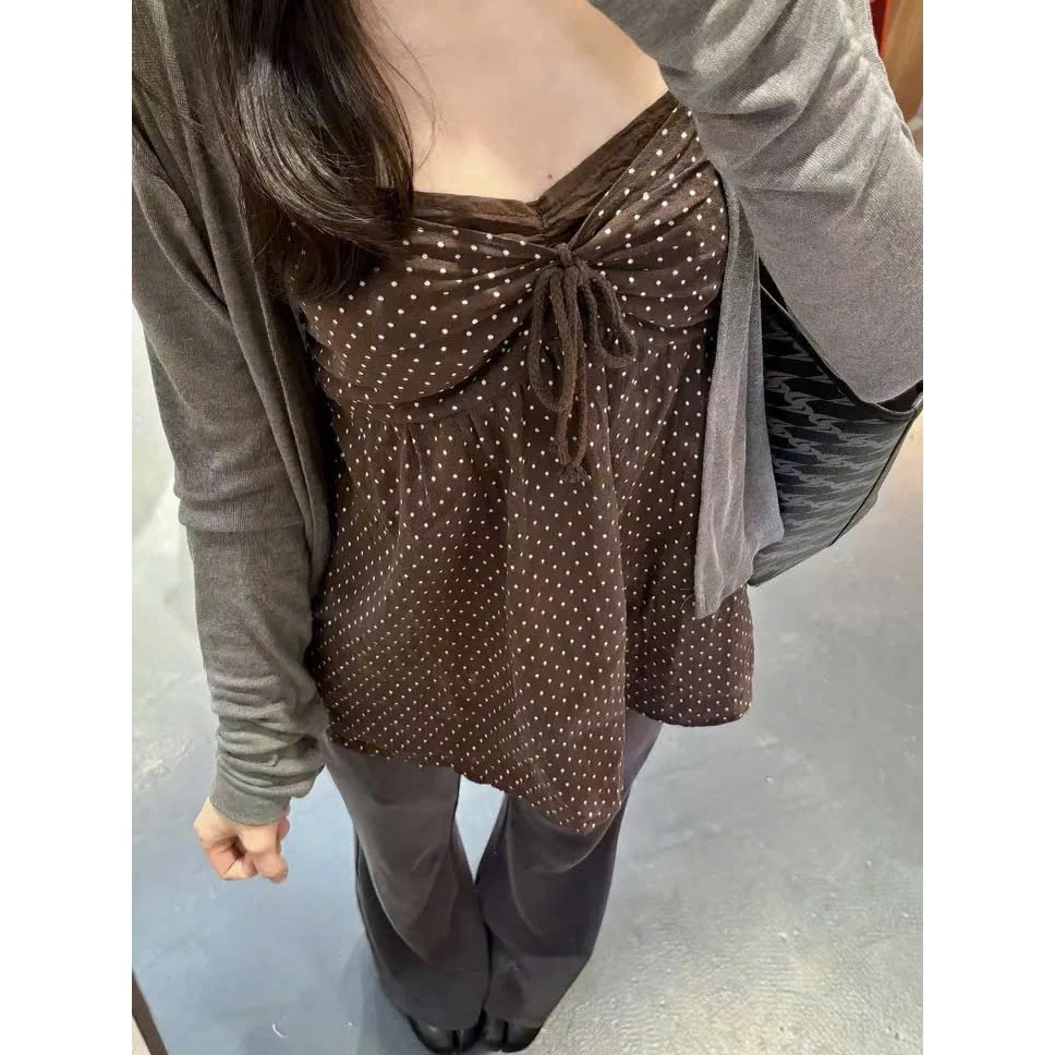 (sẵn)Áo hai dây yếm dáng babydoll màu nâu chấm bi chất thô đũi dày dặn thắt nơ ASN065 - Tiktik