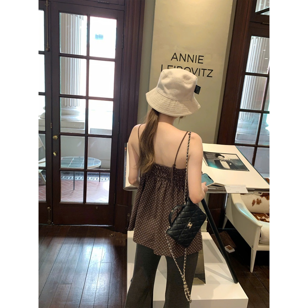 (sẵn)Áo hai dây yếm dáng babydoll màu nâu chấm bi chất thô đũi dày dặn thắt nơ ASN065 - Tiktik