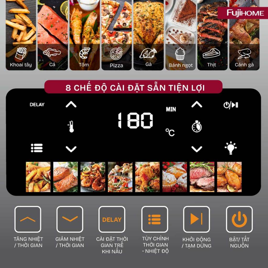 Nồi chiên không dầu Nhập Khẩu FUJIHOME A9DH, nồi chiên dung tích lớn 9L gia đình chiên nướng đa năng