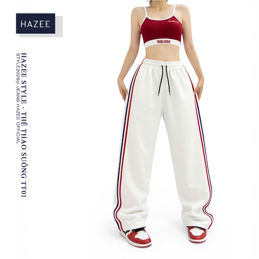 Quần Thể Thao Nữ Ống Rộng HAZEE – Quần Jogger Suông Sọc Hông Lưng Chun Dây Rút Form Ulzzang