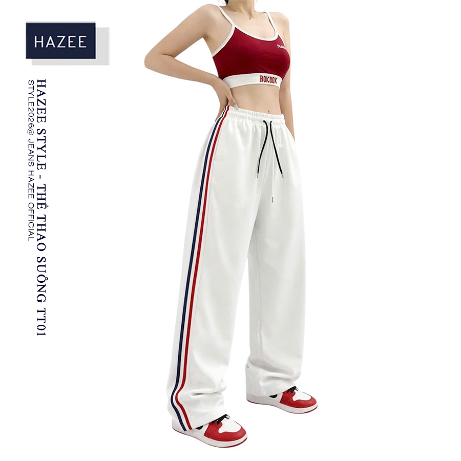 Quần Thể Thao Nữ Ống Rộng HAZEE – Quần Jogger Suông Sọc Hông Lưng Chun Dây Rút Form Ulzzang