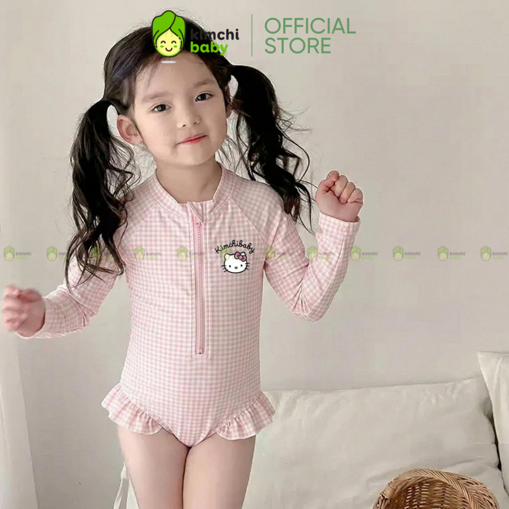 [CAO TRÒN TĂNG SZ, TẶNG MŨ BƠI] Bộ Bơi Bé Gái Liền Thân Cao Cấp KIMCHIBABY Họa Tiết Kẻ Hồng Hello Kitty Hot Trend 2026