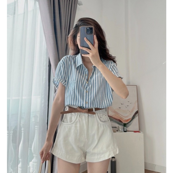 Sơ mi nữ, áo nữ DONNA D1599 kẻ sọc cộc tay vạt bầu trẻ trung, dễ phối đồ