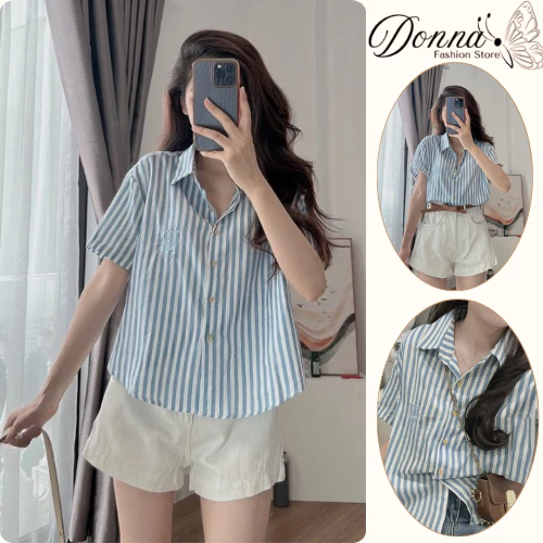 Sơ mi nữ, áo nữ DONNA D1599 kẻ sọc cộc tay vạt bầu trẻ trung, dễ phối đồ