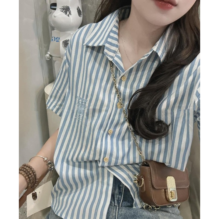 Sơ mi nữ, áo nữ DONNA D1599 kẻ sọc cộc tay vạt bầu trẻ trung, dễ phối đồ