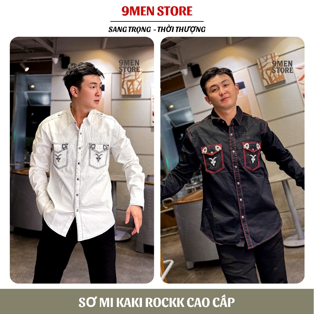 Sơ Mi Rock Classic Cao Cấp Thêu Họa Tiết Đôi Cánh Chỉ Ẩn Vải Kaki Tôn Dáng, Cúc Kim Loại Đẳng Cấp 68