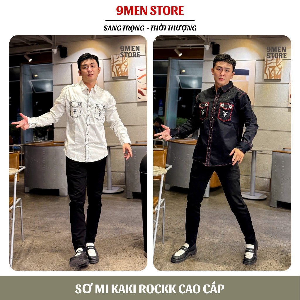 Sơ Mi Rock Classic Cao Cấp Thêu Họa Tiết Đôi Cánh Chỉ Ẩn Vải Kaki Tôn Dáng, Cúc Kim Loại Đẳng Cấp 68
