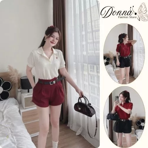 set đồ nữ Donna HCOM25014, áo thun cộc tay cổ bẻ phối quần short ngắn năng động