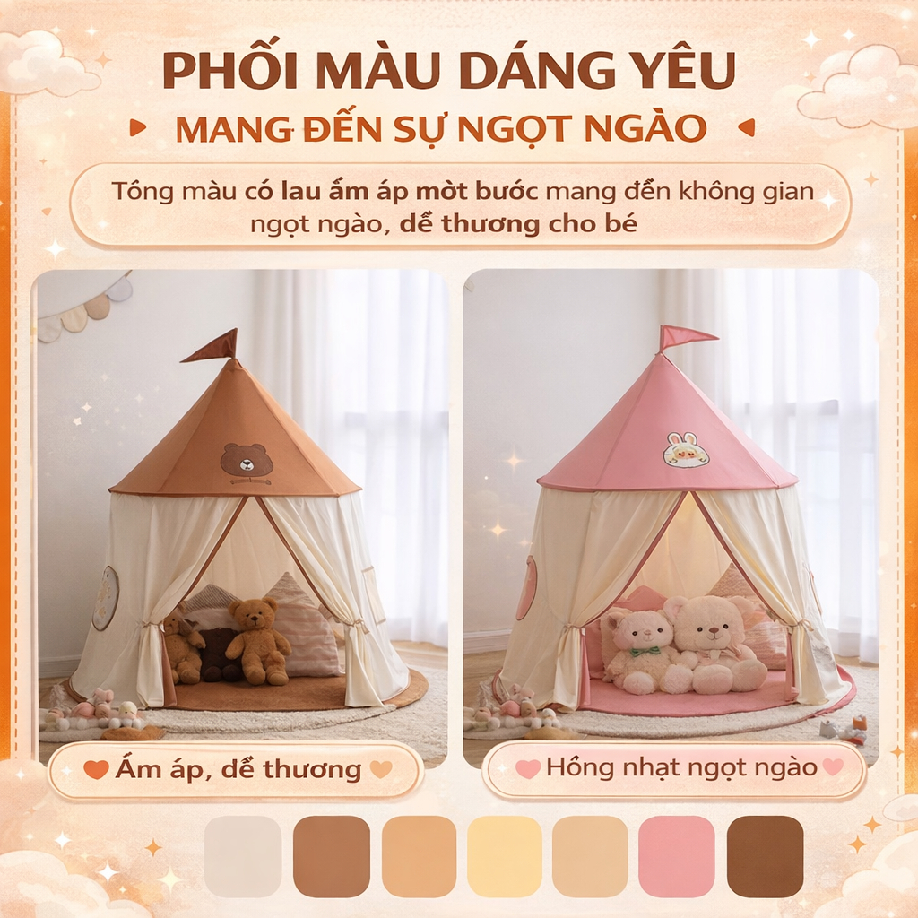 Lều Cho Bé Lều Cho Bé Gái Vải Mềm Mại An Toàn Cho Da - Nhà Bóng Công Chúa Kèm cờ nhiều màu sắc Dễ Dàng Lắp Đặt Tháo Rời