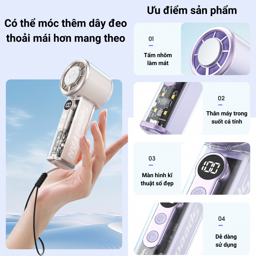 Quạt Cầm Tay Làm Lạnh Siêu Nhanh 100 Cấp Gió, Có Đèn LED, Pin Trâu 4-6H, Màn Hình LED Cao Cấp