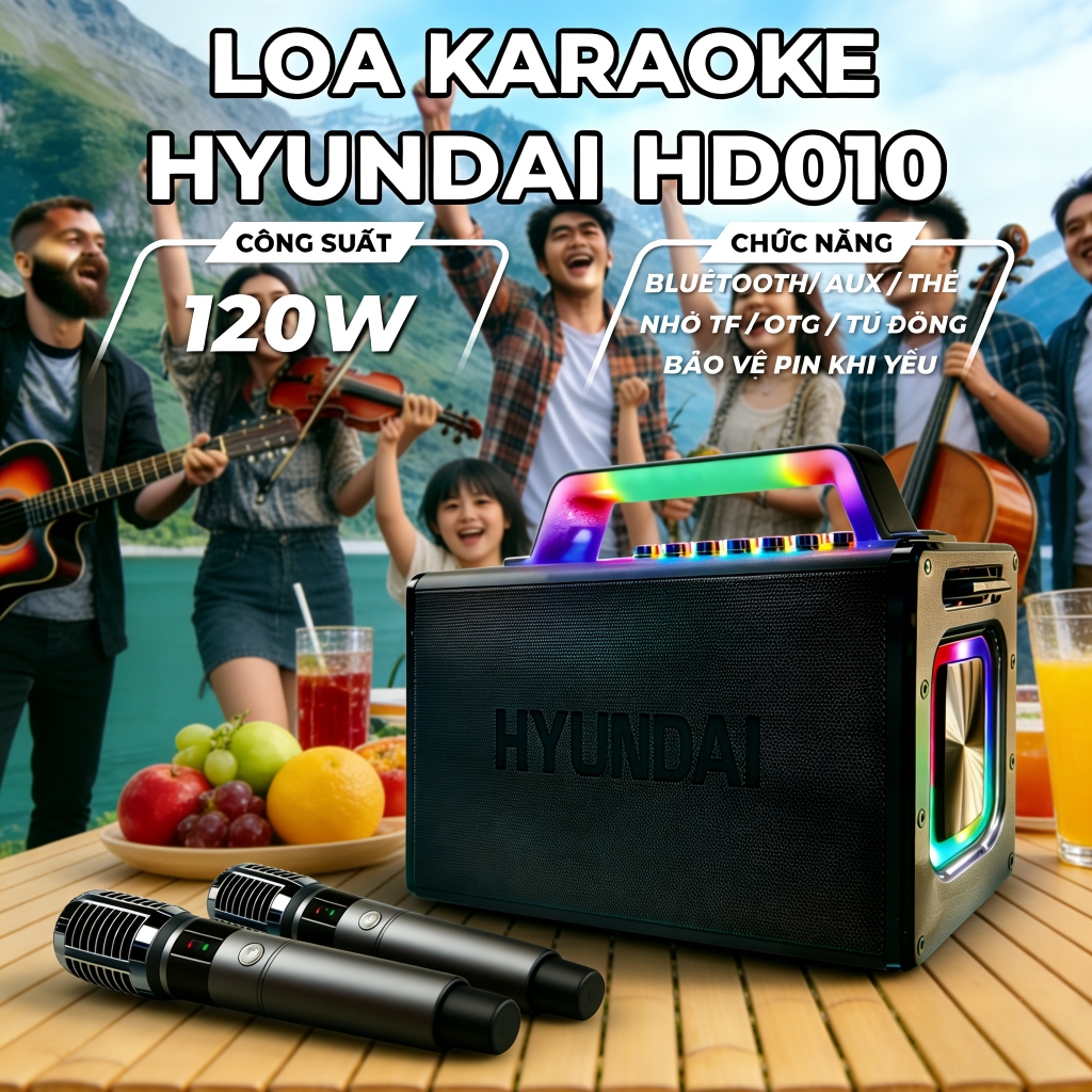 Loa HYUNDAI Loa Karaoke Xách tay HD010 Công suất lớn 120W Đèn Led RGB kèm 2 Micro AUX TP Card USB